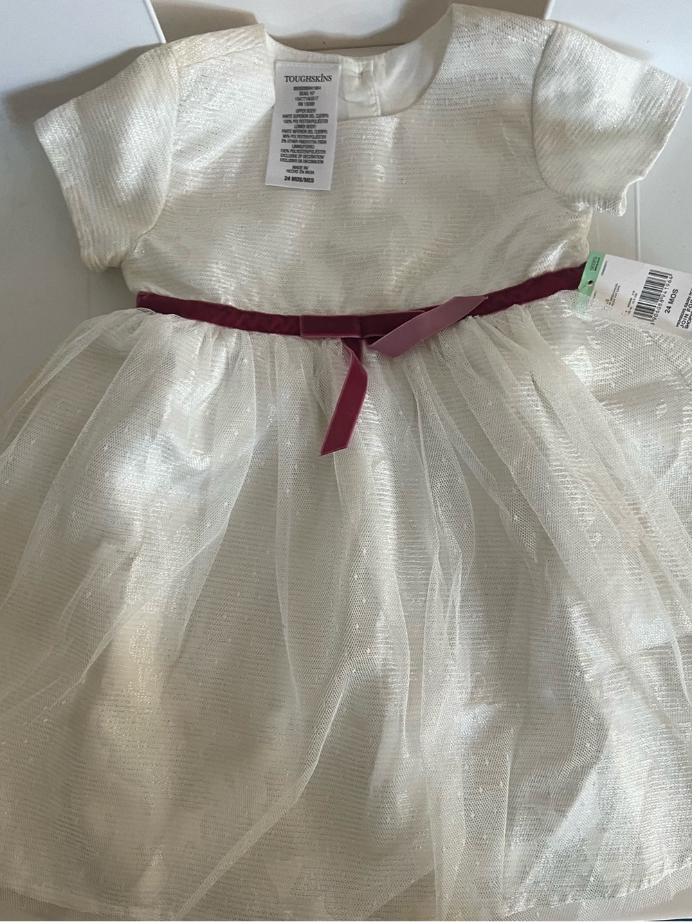 TOUGHSKINS Ivory Sparkle Tulle Dress with Mauve Velvet Belt